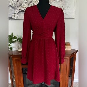 Long Sleeve Dark Red Dress with Sinched Waist - Size Small